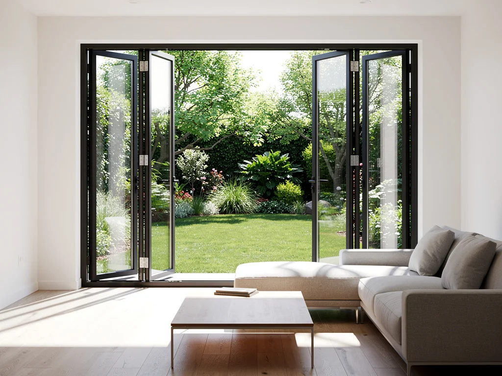 Grande baie coulissante en aluminium noir ouverte sur un jardin