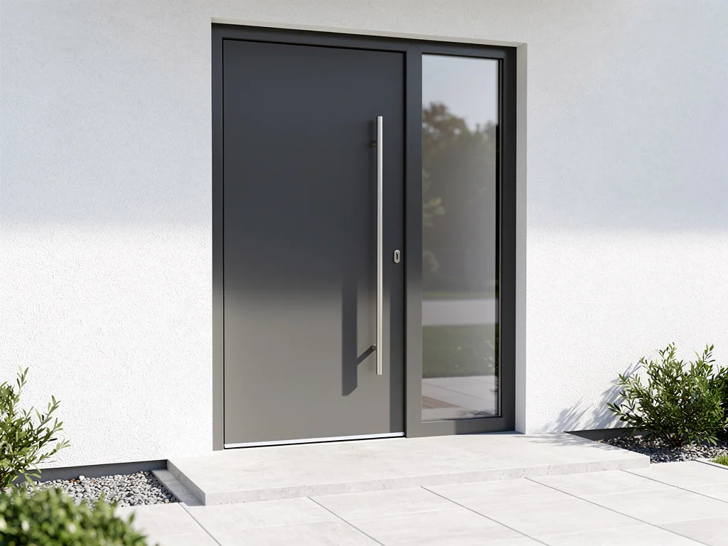 Porte d'entrée en aluminium gris anthracite avec vitrage latéral
