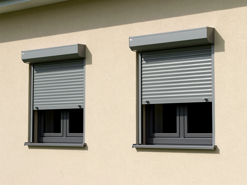 Volets roulants gris motorisés installés sur une façade crépie